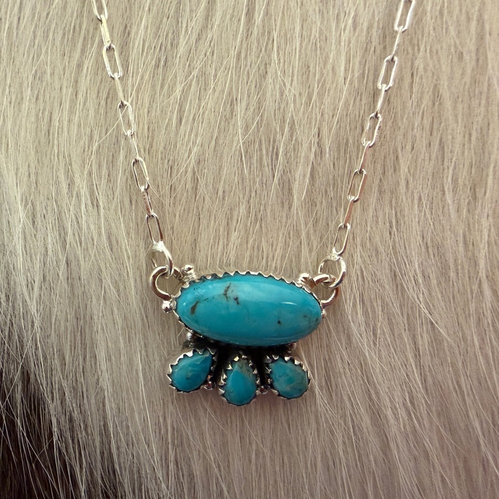 ❤️ Kingman Turquoise 4 Stone Pendant 925 Sterling 16+2” Adj Paper Clip Necklace - Picture 3 of 15